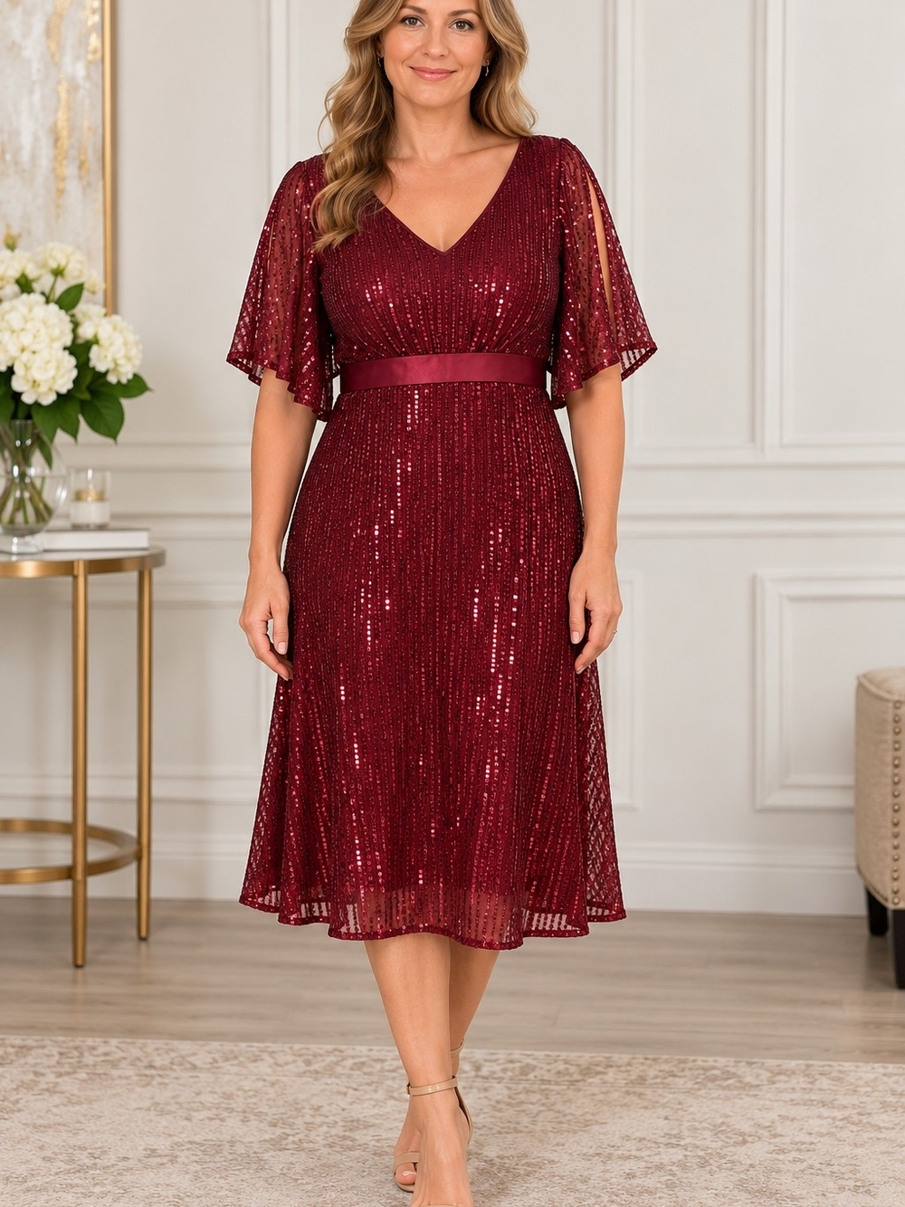 NWT Wedtrend XL Burgundy Sequin Midi Holiday Formal Dress Cape Sleeve
